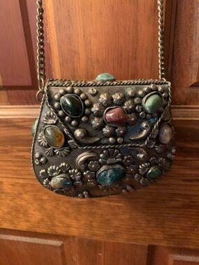 Vintage, Sajai Metal purse, crossbody with colorful Agate Stones.